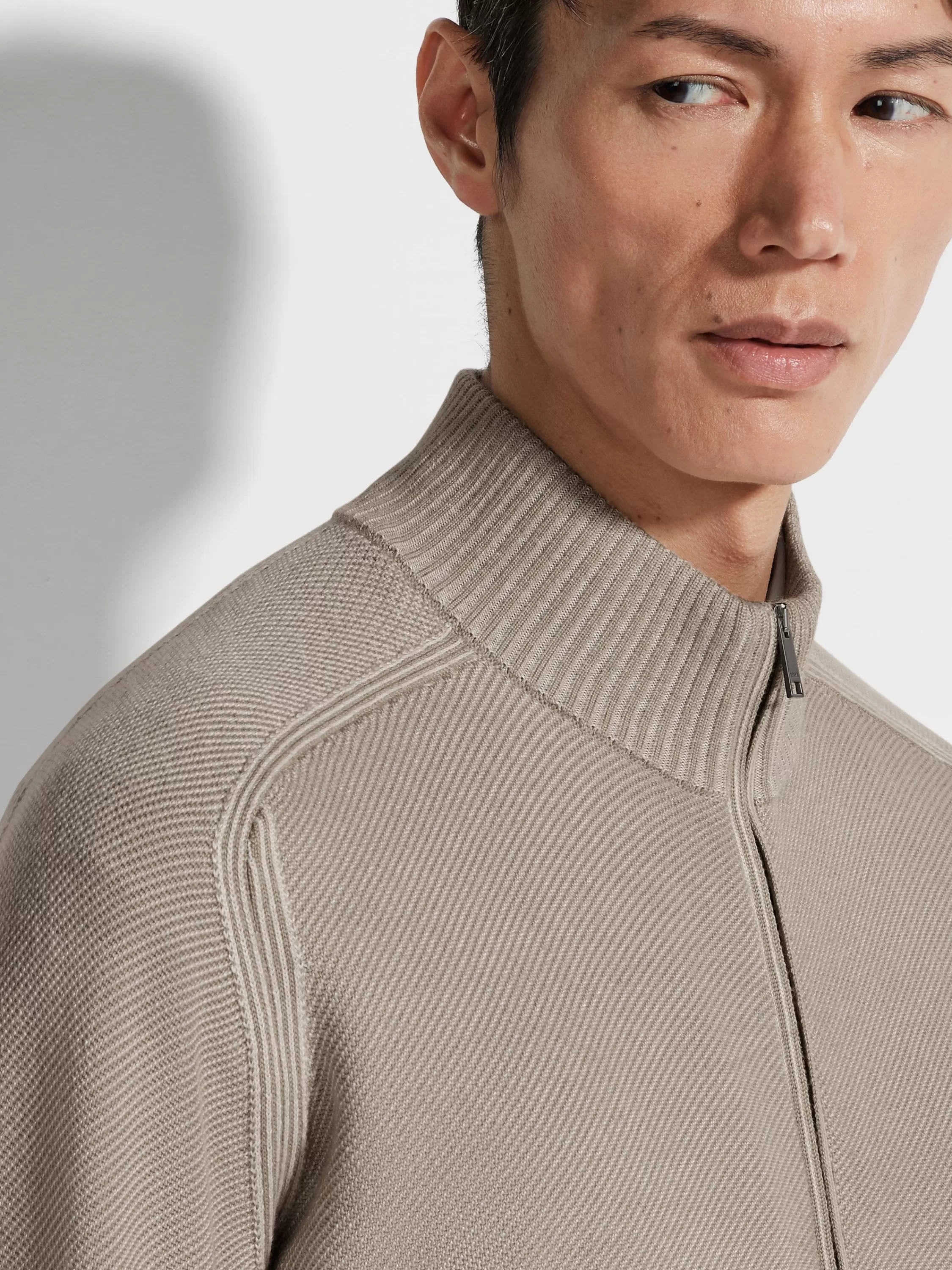 Discount Cardigan aus Cashseta mit durchgehendem Reißverschluss in hellem Taupe Strickwaren