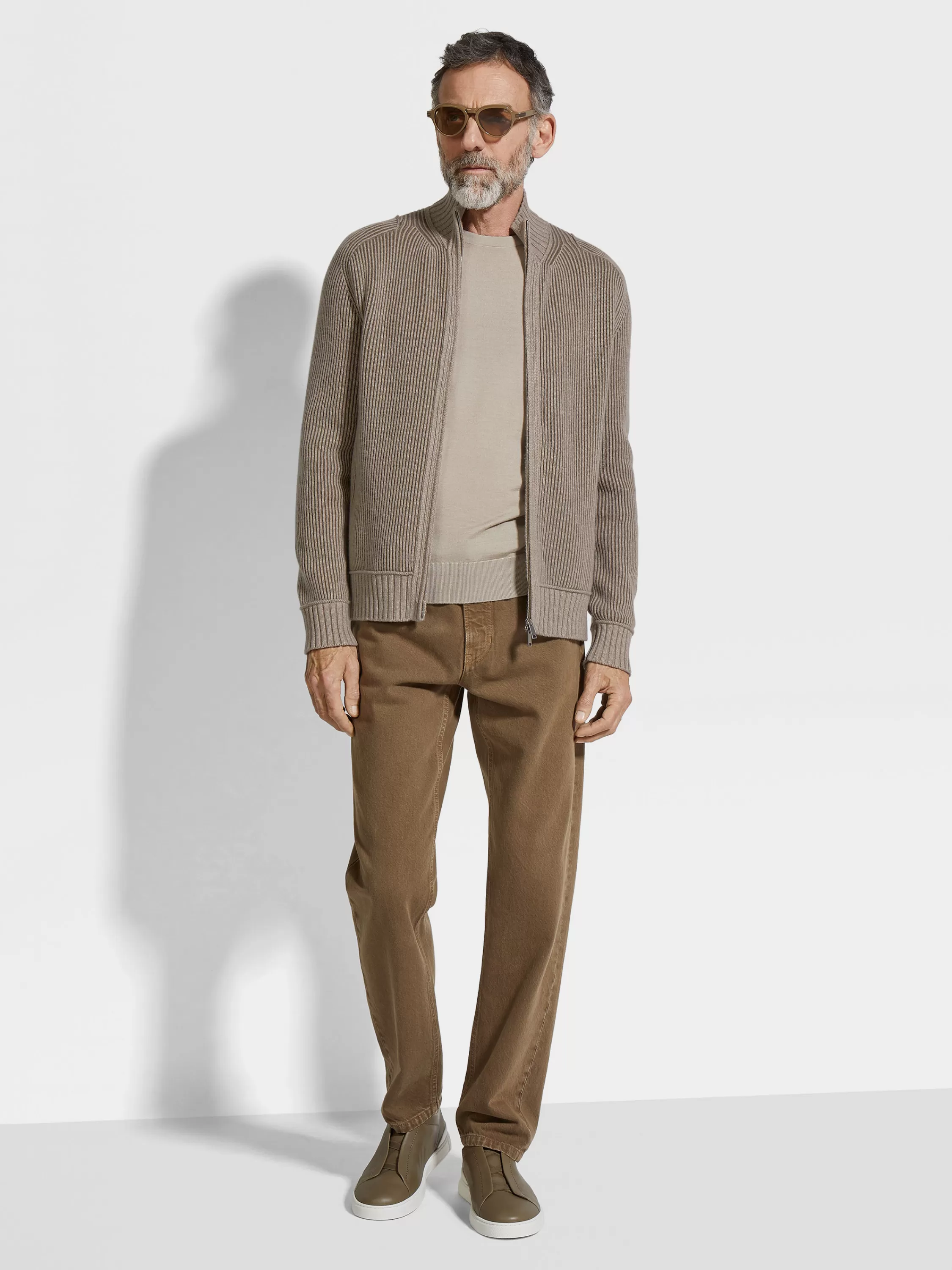 Cheap Melierter Cardigan aus Oasi Cashmere mit durchgehendem Reißverschluss in hellem Taupe und Khaki Strickwaren