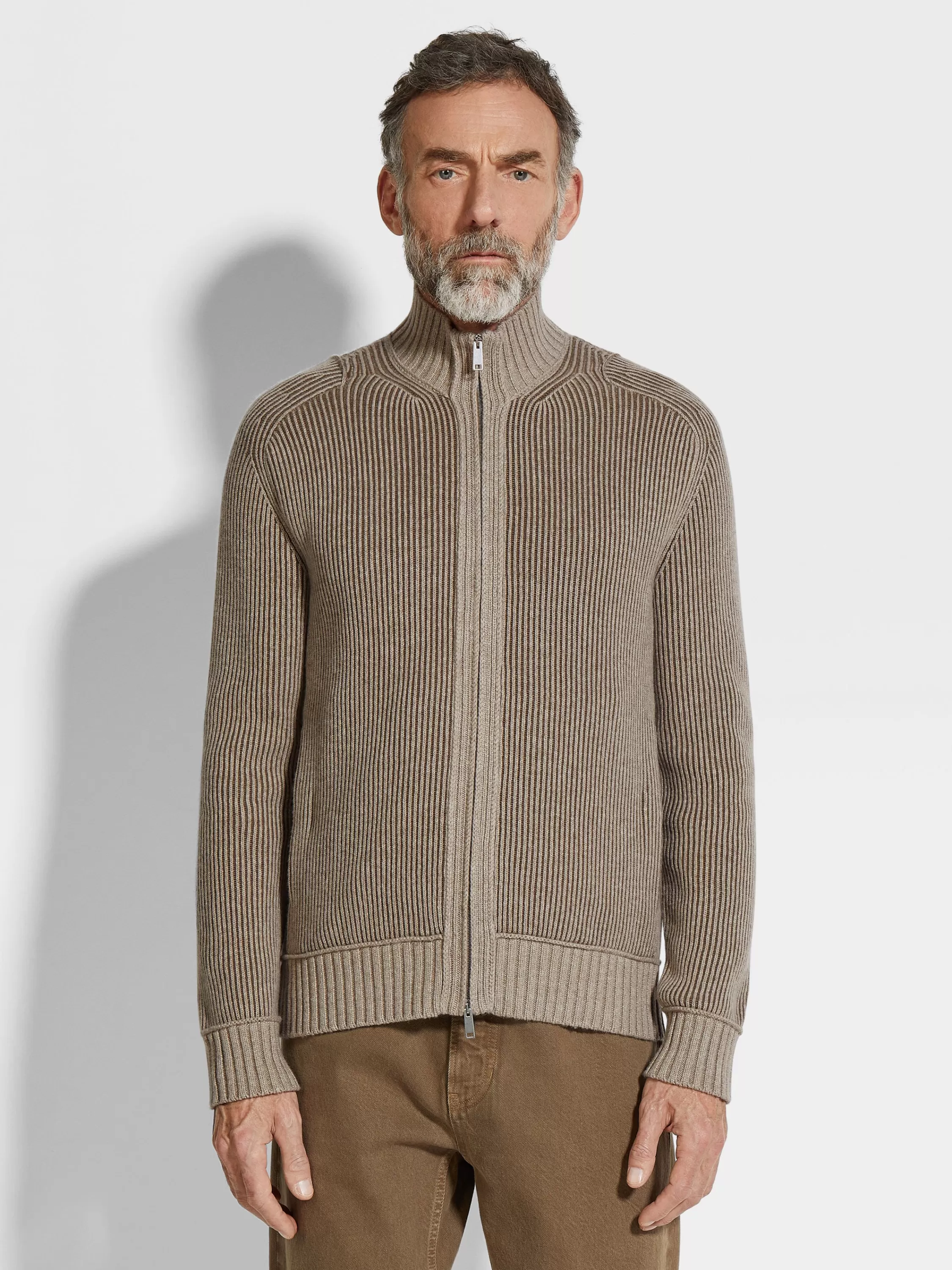 Cheap Melierter Cardigan aus Oasi Cashmere mit durchgehendem Reißverschluss in hellem Taupe und Khaki Strickwaren