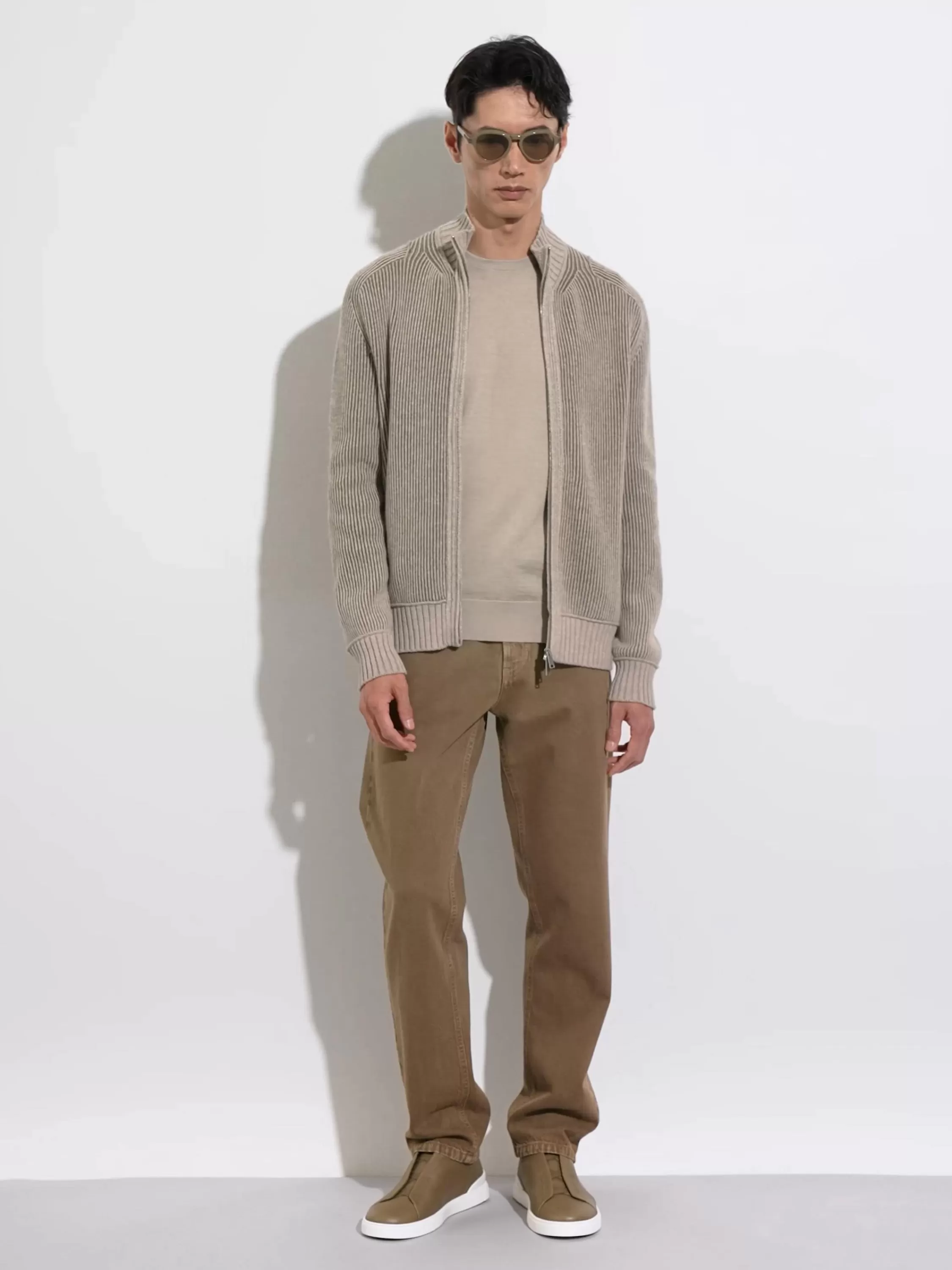 Cheap Melierter Cardigan aus Oasi Cashmere mit durchgehendem Reißverschluss in hellem Taupe und Khaki Strickwaren