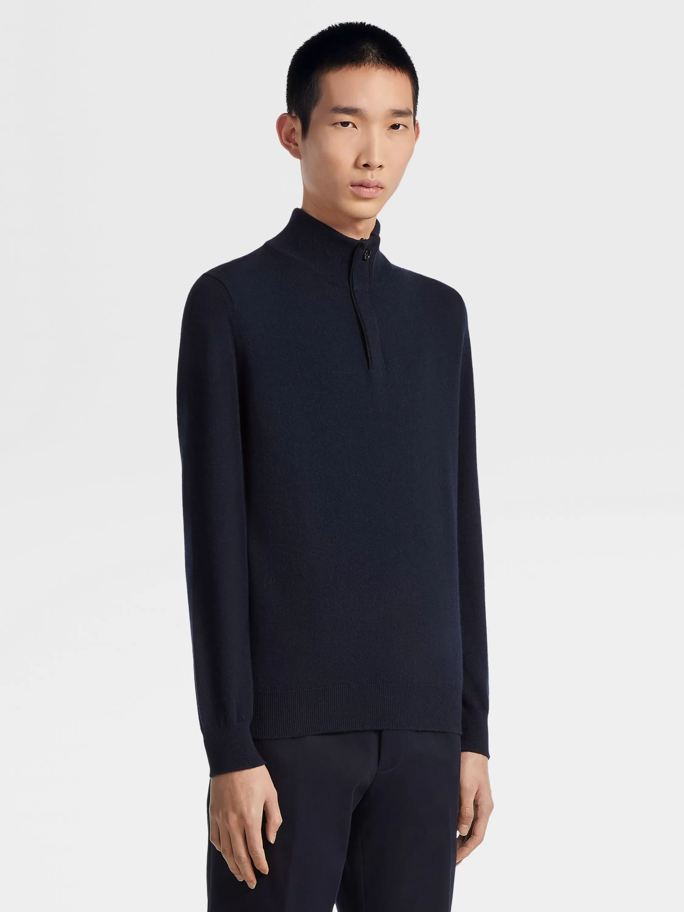 Best Pullover aus Oasi Cashmere mit Stehkragen und Reißverschluss in meliertem Marineblau Strickwaren